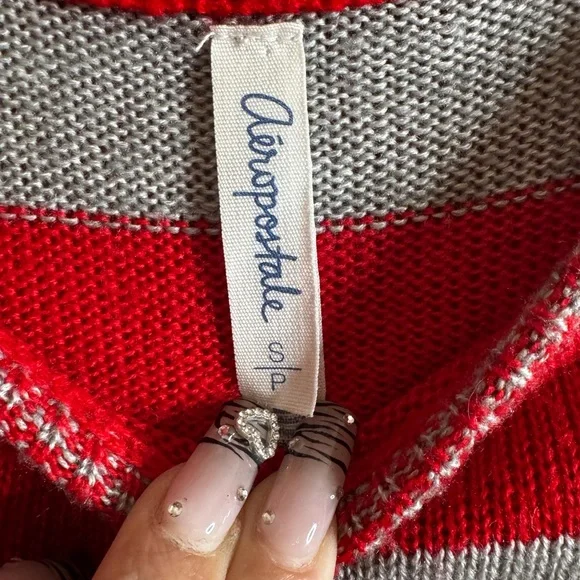 #307-Aeropostale Red/Gray Striped Crewneck Lightweight Sweater Size Small - Picture 2 of 3